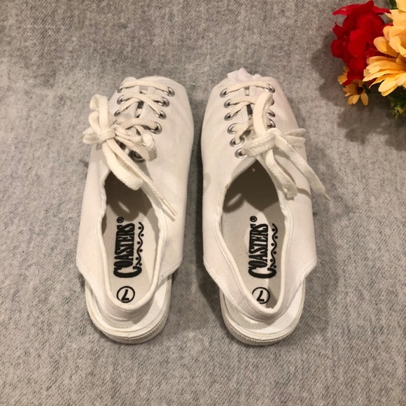 White Canvas Peep Toe Slingback Sneakers - Picture 4 of 16